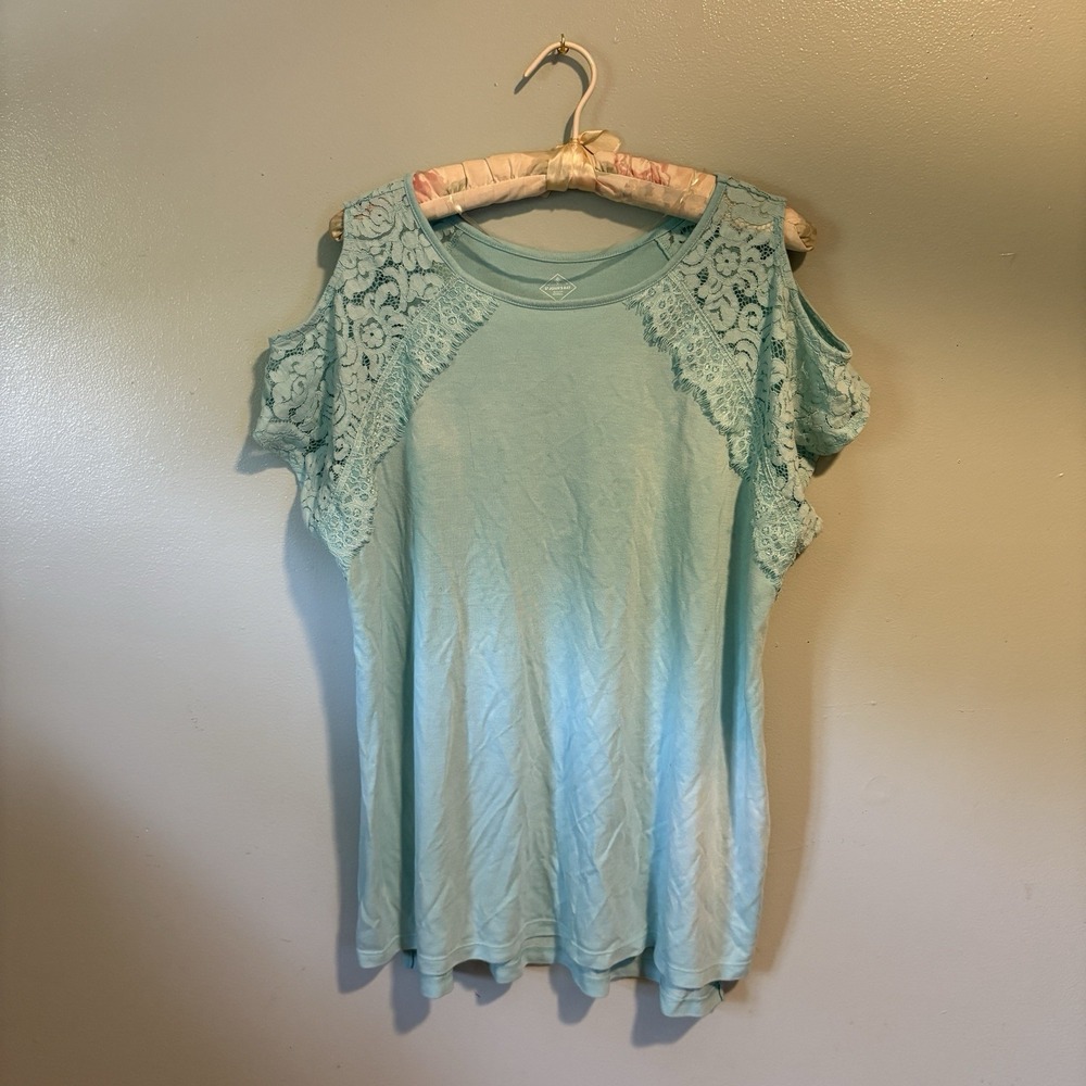 St John's Bay Mint Green Lace Cold-Shoulder Top Womens 1x